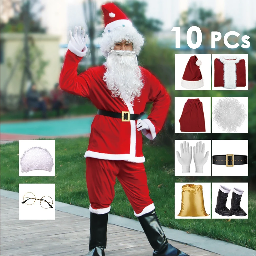 Santa Claus Costume Christmas Complete Dress Up Outfits For Men New Year Christmas Eve Cosplay Family Party Clothes 5-10 PCs SET