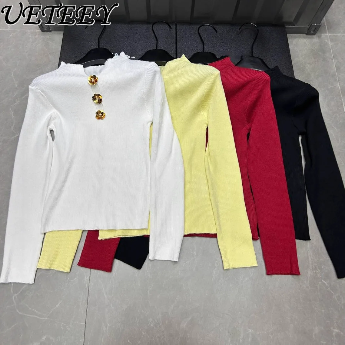 

Осень-зима, новый вязаный топ во французском стиле с воротником-стойкой для женщин с дизайнерской облегающей рубашкой с длинными рукавами