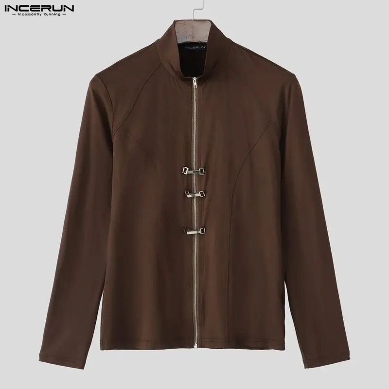 

INCERUN Men T Shirt Solid Color Turtleneck Long Sleeve Zipper Men Clothing Streetwear Knitted Fashion Casual Male Tee Tops 2026