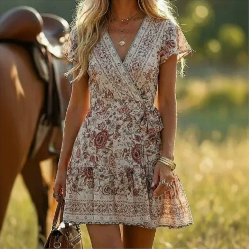 2026 Summer Beach Boho Vintage Print Mini Women's Dress V-neck Short Sleeve High Waist Pleated Holiday Casual Dresses For Women