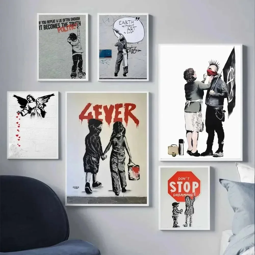 ثقافة الشارع الكتابة على الجدران الفن بانكسي جدار الفن الحد الأدنى طباعة قماش اللوحة الملصقات لغرفة النوم ديكور المنزل الحديث