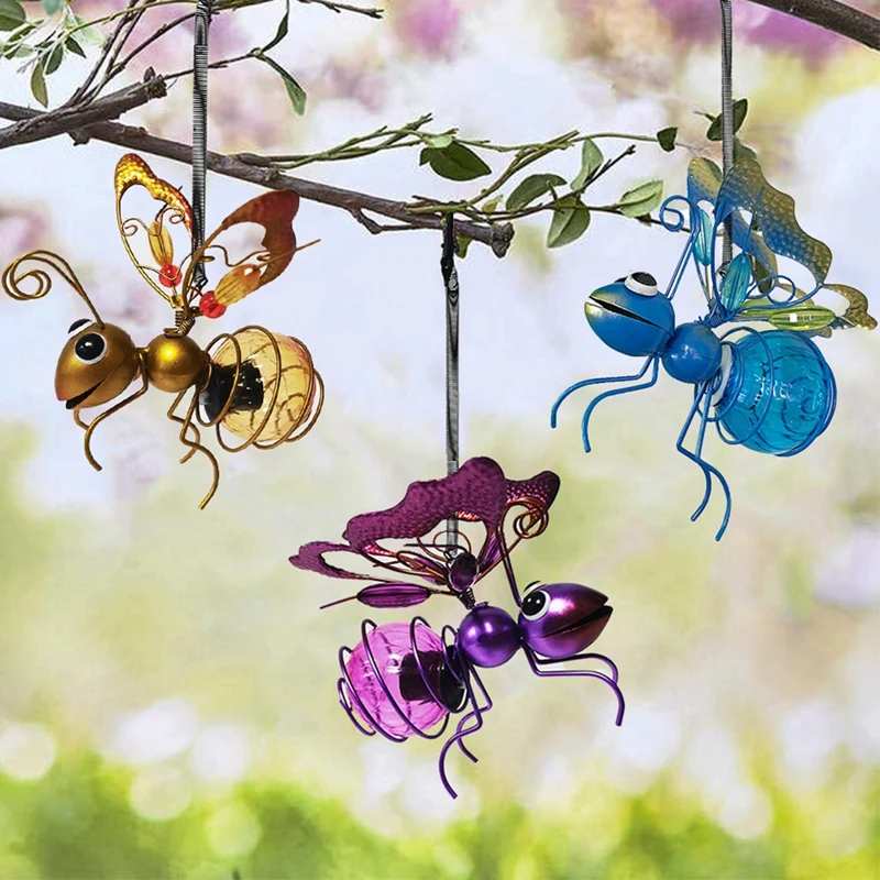 Солнечная железная статуя насекомых со светодиодным сказочным светом, уличное подвесное дерево, украшение для забора, двора, двора, сада, декора