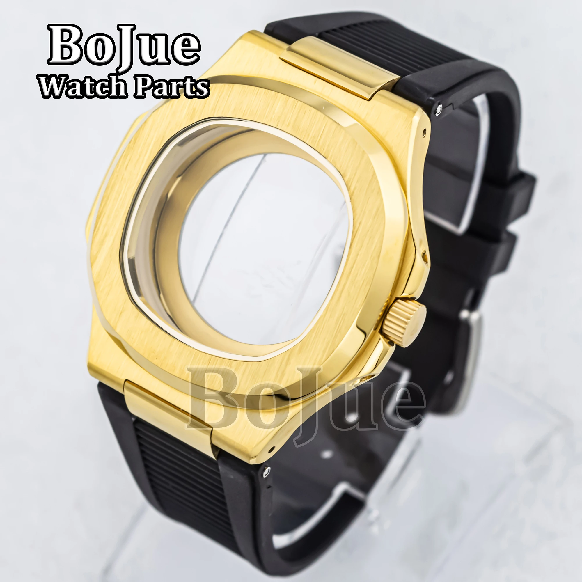 41mm Nautilus Waterproof Gold Watch Case Rubber Strap Fit NH35 NH36 NH38 Movement 10ATM Water Resistant Replacements MOD Parts