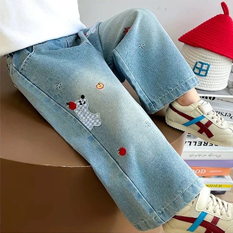 IENENS Girl Jeans Korean Straight Wide Leg Denim Pants Spring Autumn Kids Clothes Fashion Embroidery Dog Trousers 2-6Y