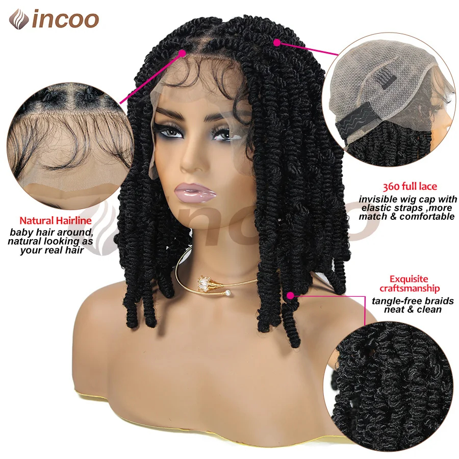 Incoo Spring Twists Synthetic Braided Wigs 12Inch Short Bob Knotless Box Braids Wig For Women Passion Twists Culrs Braiding Hair