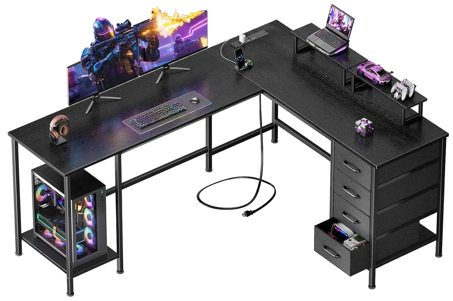 L Shaped Computer Desk with Power Outlets, 66 inch, Black, Customized