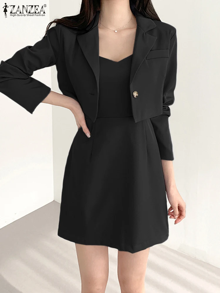 ZANZEA Women Classy 2pcs Suits Korean Style Long Sleeve Short Blazer Elegant Slip Dress 2-Pieces Sets Solid Office Dress Suits