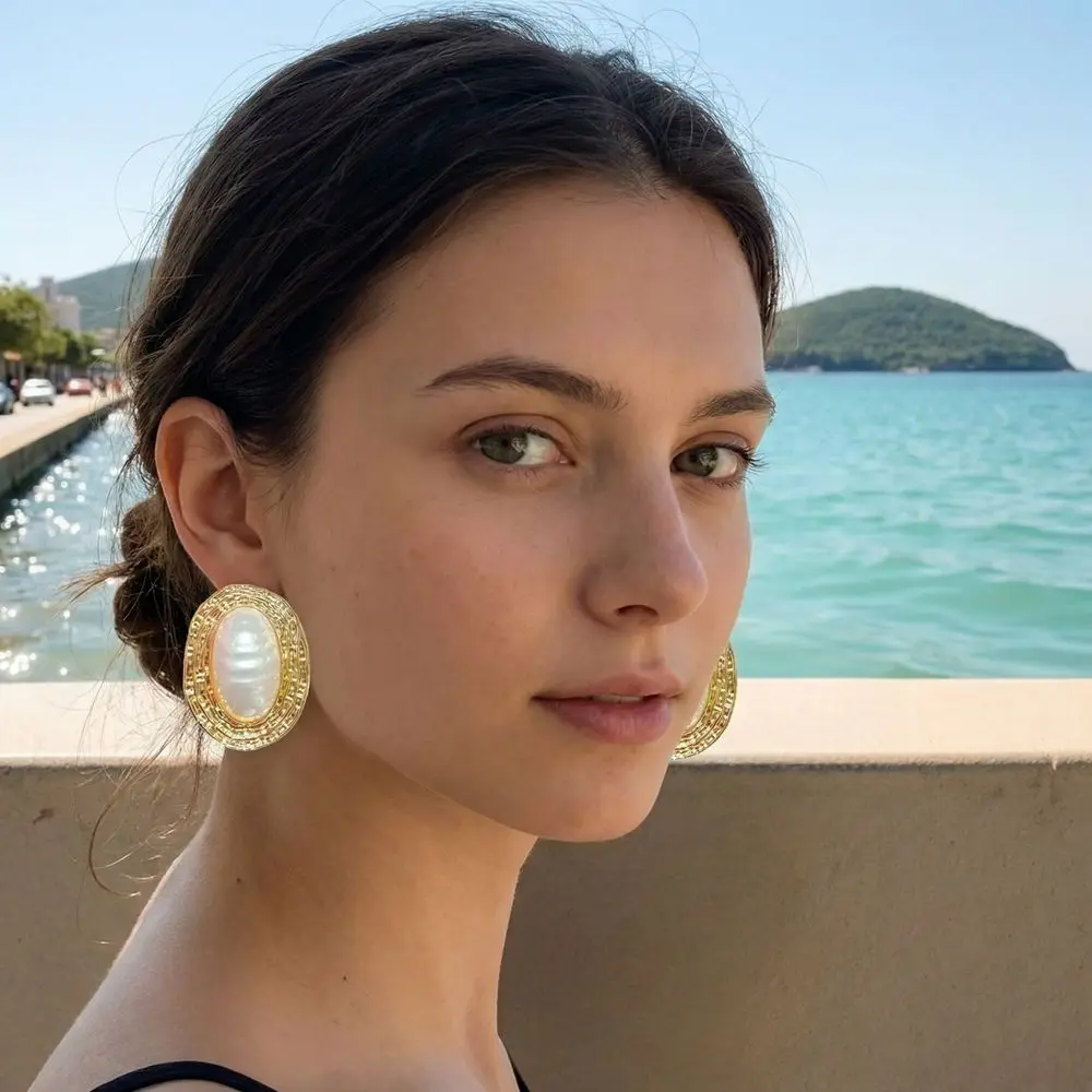 Imitation Oval Metal Pearl Earrings Gold Ruffled Stripes Large Stud Earrings Alloy Vintage Geometric Exaggerated Earrings