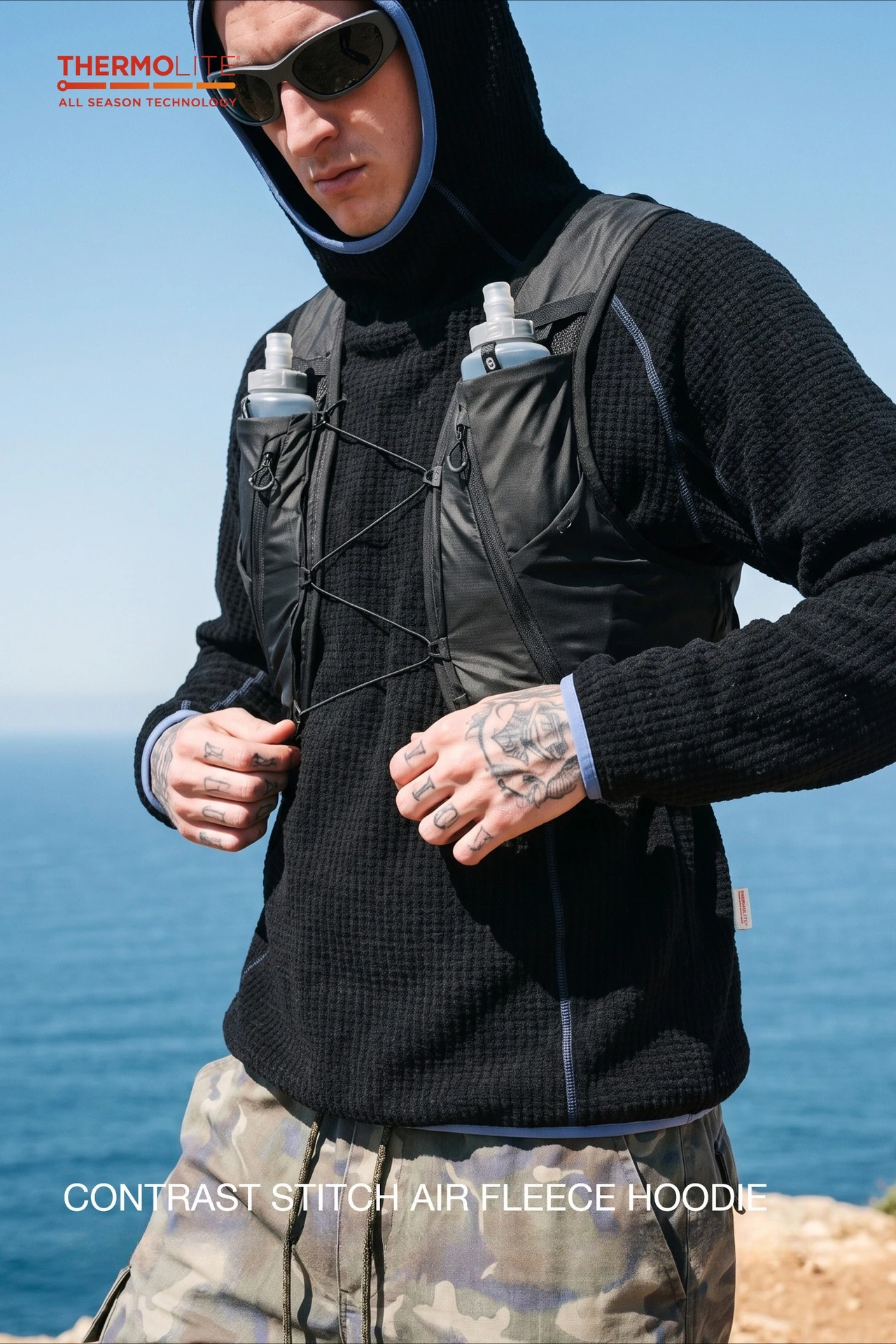 THERMOLITE ® Leichter Air-Fleece-Hoodie für Herren, Kontrastnähte, Thermo-Pullover, schnelltrocknend, Outdoor-Sport-Technik-Oberteil – Detail 9