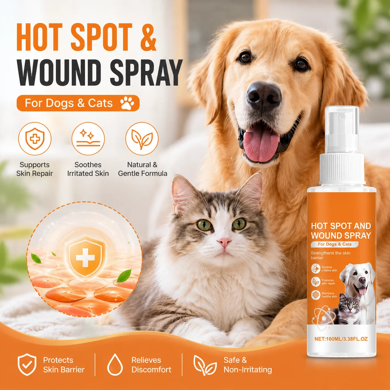 Organic Herbal Pet Skin Conditioning Spray Itch Relief Soothing Moisturizer with Calendula Lavender Oil Dog Cat Supplies