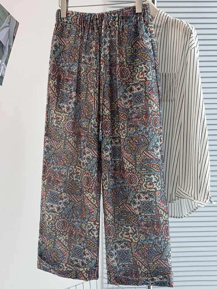 

Retro Print Linen Casual Wide Leg Pants Women Summer Thin Fashion Elastic High Waist Draping Nine Point Straight Tube Pants