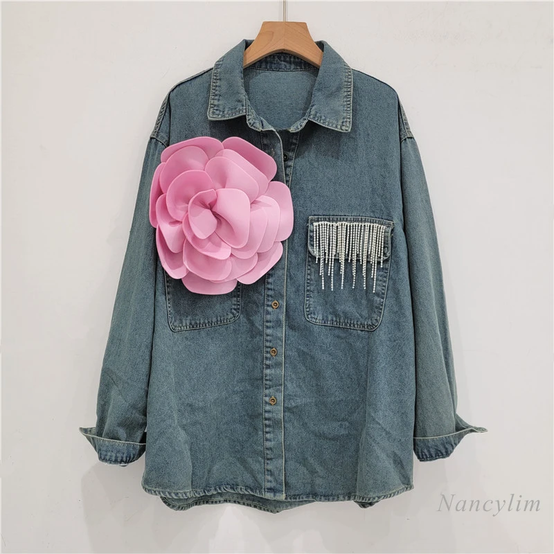 

Design Three-Dimensional Flower Denim Shirt Top Women's Autumn New Casual Mid-Length Turn Collar Blouse Single Breasted Blusas