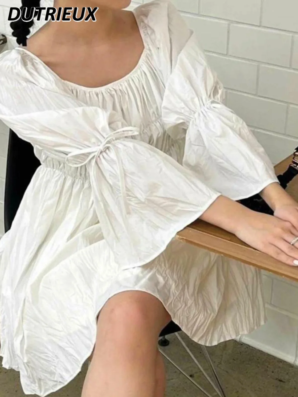 Japanese Style Pleated Bow Tie Solid Color Long-sleeved Dress Sweet Girls Waist and Thin One-word Collar Short Dresses