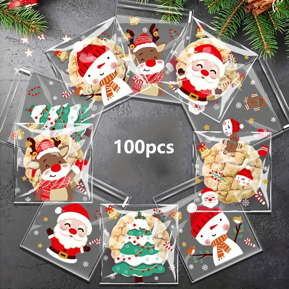 

100pcs Christmas Cookie Candy Bags Self Adhesive Gift Packaging Biscuit Snack Bag New Year 2025 Noel Navidad Xmas Party Decor