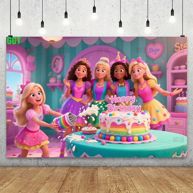 Fondo MINISO Barbie Baking Fantasy-Fondo de fotografía de las hermanas Barbie vinilo feliz cumpleaños foto personalizada Baby Shower