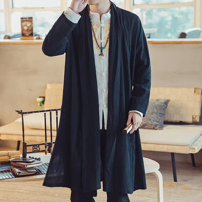 Chinese Classic Style Men's Cloak Mid-length Ancient Costume Hanfu Large Size Casual Imitation Linen Cardigan