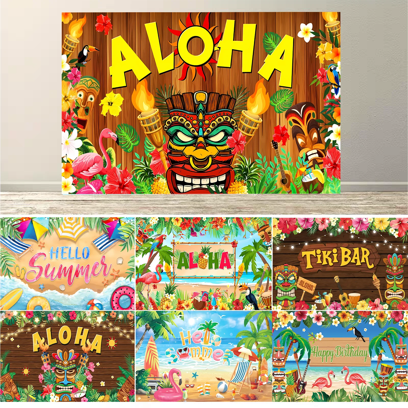 

Hello Summer Beach Photo Backdrop, Beach Ball Flamingo Schools Out for Summer Backdrop, End of School Year Party Decorations