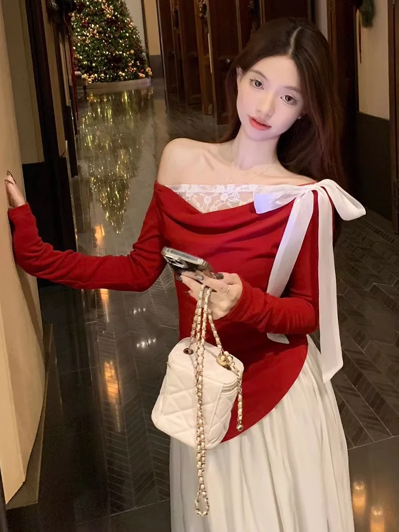 

Korean Style Gentle Slimming Knot Lace Splicing One Shoulder Top A-Line Skirt Set High-End Feelings