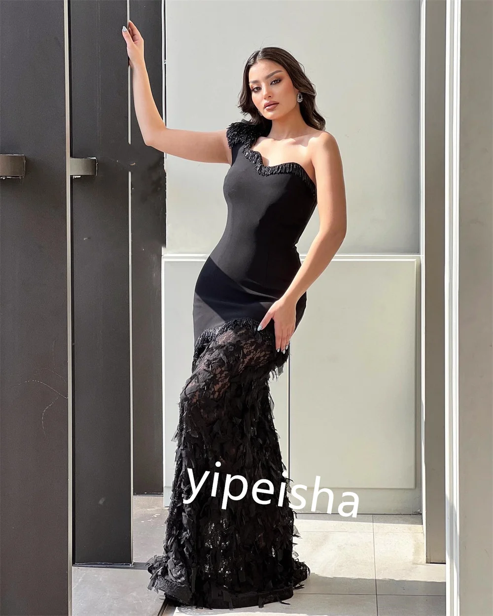 Sizes Available Jersey Sequined Ruched Tassel Mermaid One-shoulder Long Dresses Evening Dresses Intricate Matching Exquisite