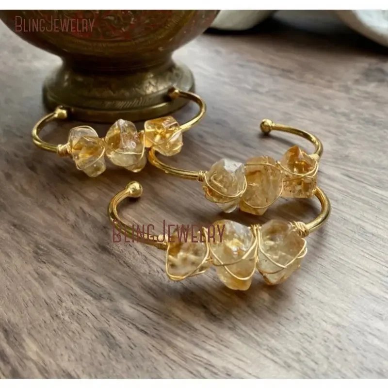 10pcs Citrine Quartz Women K Gold Color Bangle Couple Bracelet Wrapped Natural Stone Cuff Birthstone Crystal Bridal Jewelry Gift