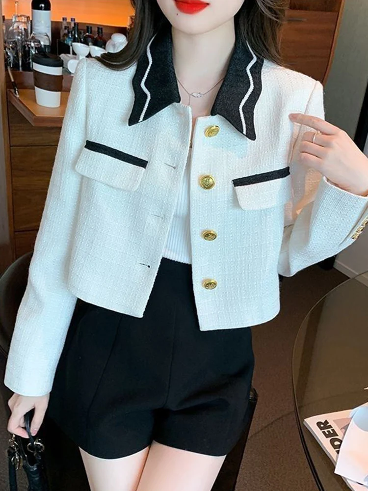 

Милое элегантное белое женское тонкое модное укороченное пальто с длинными рукавами, осеннее шикарное корейское повседневное женское пальто с отложным воротником