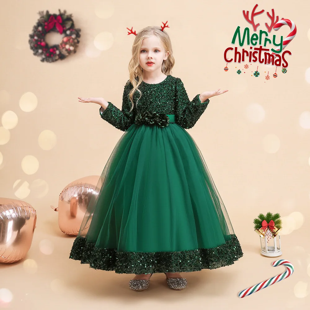 New long-sleeved girls' sequined fluffy long dress flower girl wedding fluffy yarn banquet girls piano performance clothes