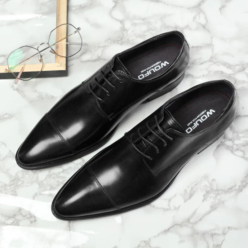 

Top Layer Cowhide Business Dress Leather Pointed British Men's Shoes Korean Style Trendy Hairstylist Breathable Wedding Shoes