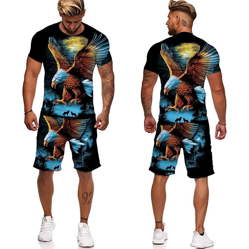 New 3D Print American Owl Pattern Short Sleeve T Shirt Shorts Men Clothing 2023 Summer Tracksuit Casual Men Sets Short Outfits