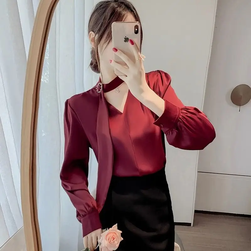 Ladies Elegant Solid Color V-neck Long Sleeve Blouse Women Clothing 2024 New Fashion Lacing Pullover Temperament Shirts Femme