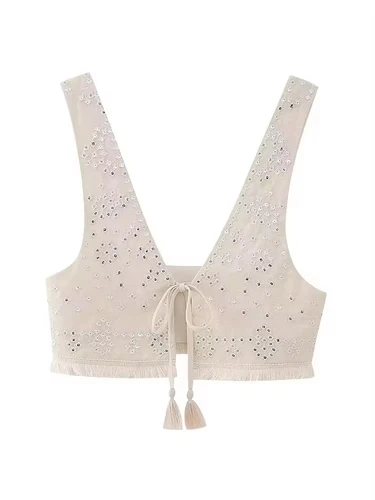 Imagen 2 del producto TRZA-camisetas sin mangas cortas bordadas con borlas y lazo para mujer, chaleco Sexy con cuello en V y tirantes anchos, Tops elegantes