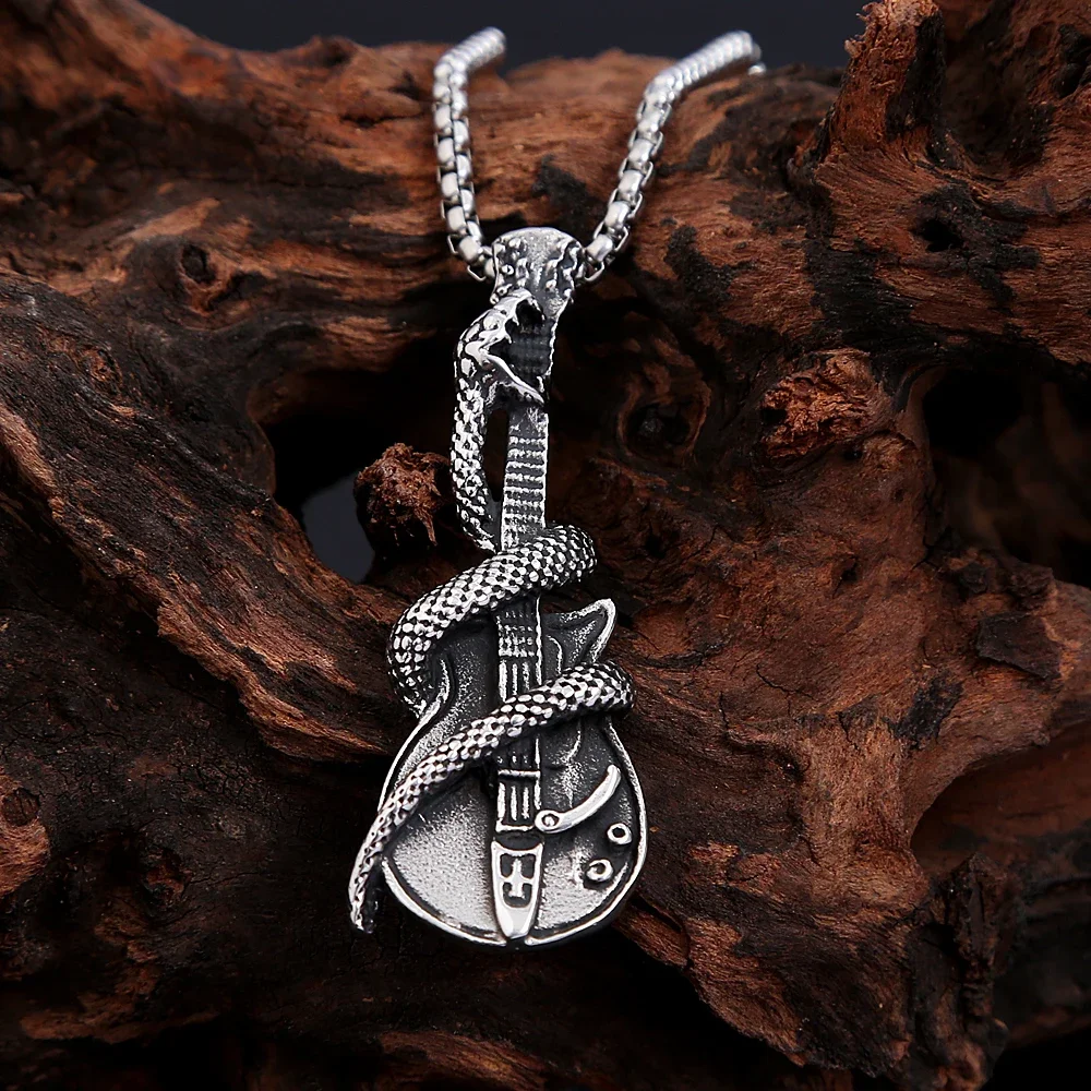 Punk Retro Guitar Snake Pendant Necklace Gothic Stainless Steel Rock Hip Hop Men and Women Pendants Fashion Jewelry Gifts