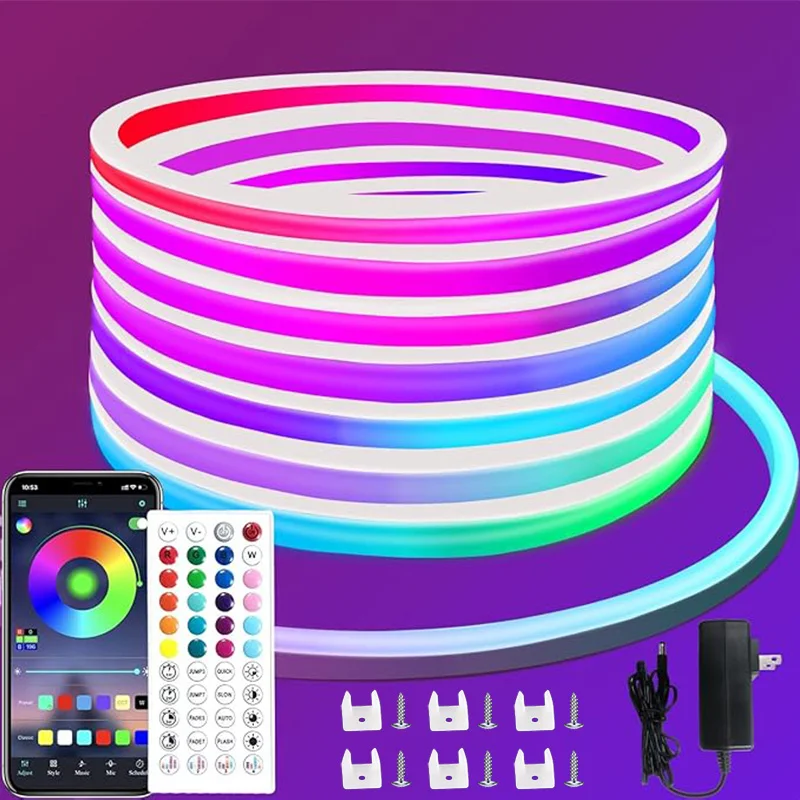 24V LED Neon Lights RGB LED Neon Rope Lights with Remote Control APP Control IP65 Waterproof Flexible Neon LED Strip Lights