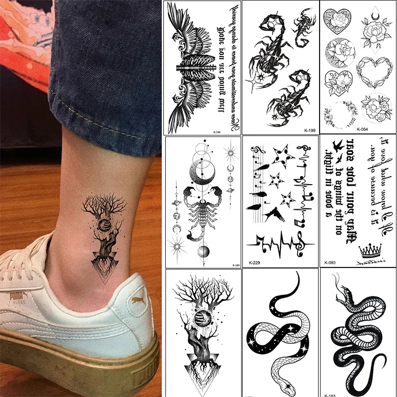 Adesivos de tatuagem de flor falsa, pequena flor, tatuagens temporárias para mulheres, adultos, crianças, penas, cobra, homens, lobo, manga de mão