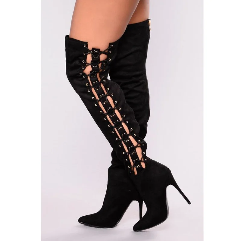 Fashion Woman Eyelet Crosstie Thigh Boots Thin High Heels  Over The Knee Boots Summer Side Lace up Boots Mujer Shoes Woman