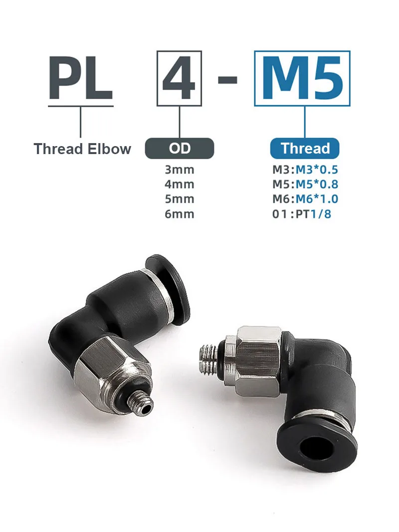 Mini conector de aire neumático, accesorios de codo PL 3, 4, 5, 6mm, rosca macho M3, M4, M5, 1/8 