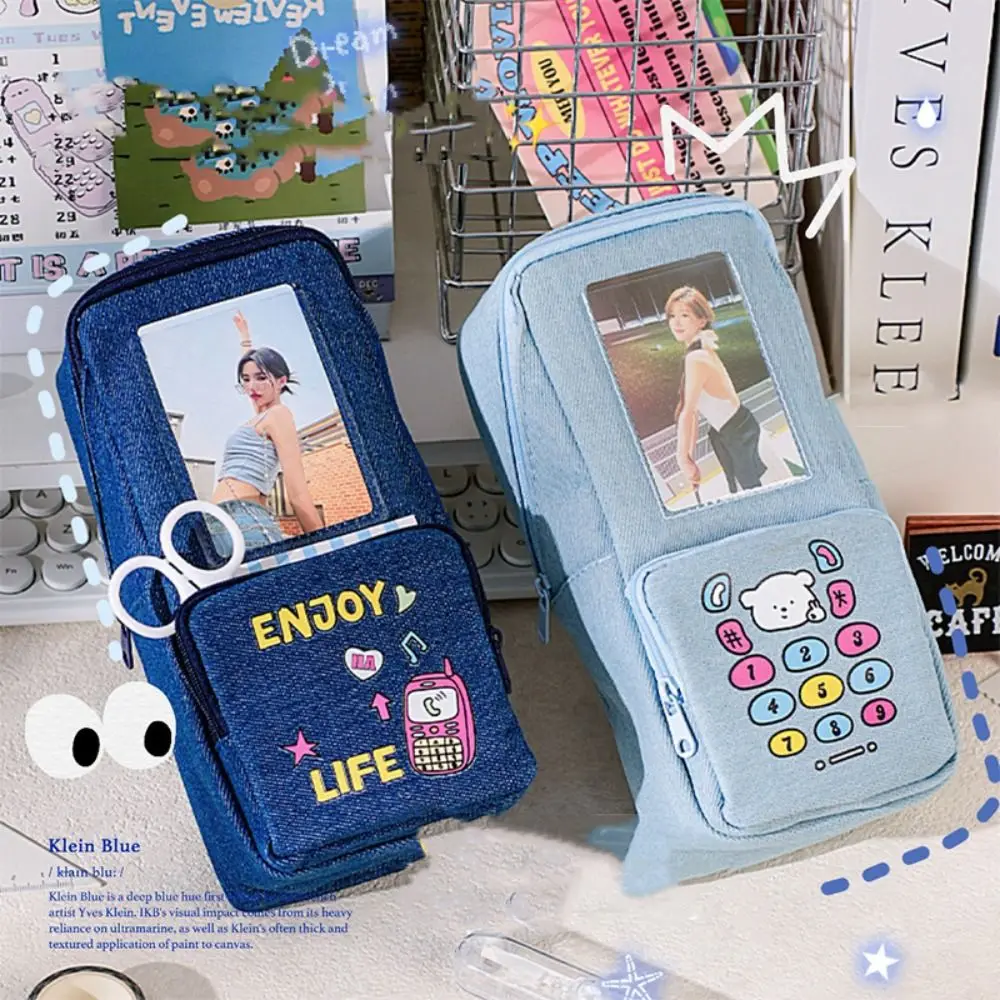 

Kawaii Denim Pencil Bag Multi Layer Photo Display Pencil Case Large Capacity Zipper Stationery Storage Bag Office Accessories