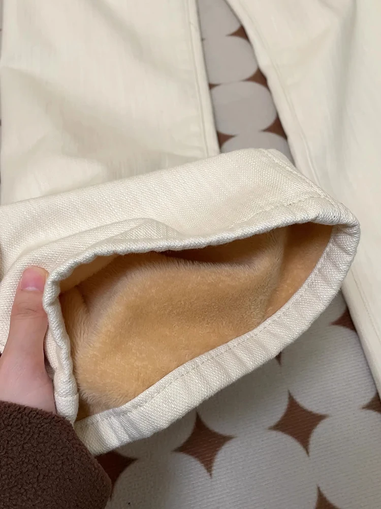 กางเกงยีนส์เอวสูงทรงตรง ผ้าเดนิมเนื้อเทียน  สำหรับผู้หญิง  คอลเลคชั่นฤดูใบไม้ร่วง-ฤดูหนาว  ทรงขากว้าง  รุ่นใหม่