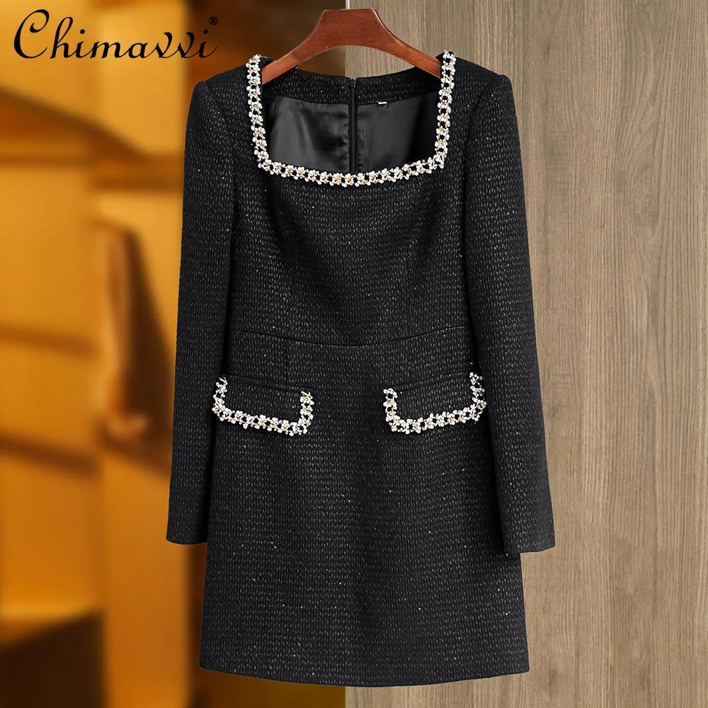 

New Spring and Autumn High-End Tweed Dress Elegant Square Neckline Handmade Beading Short French Long-Sleeve Party Gown