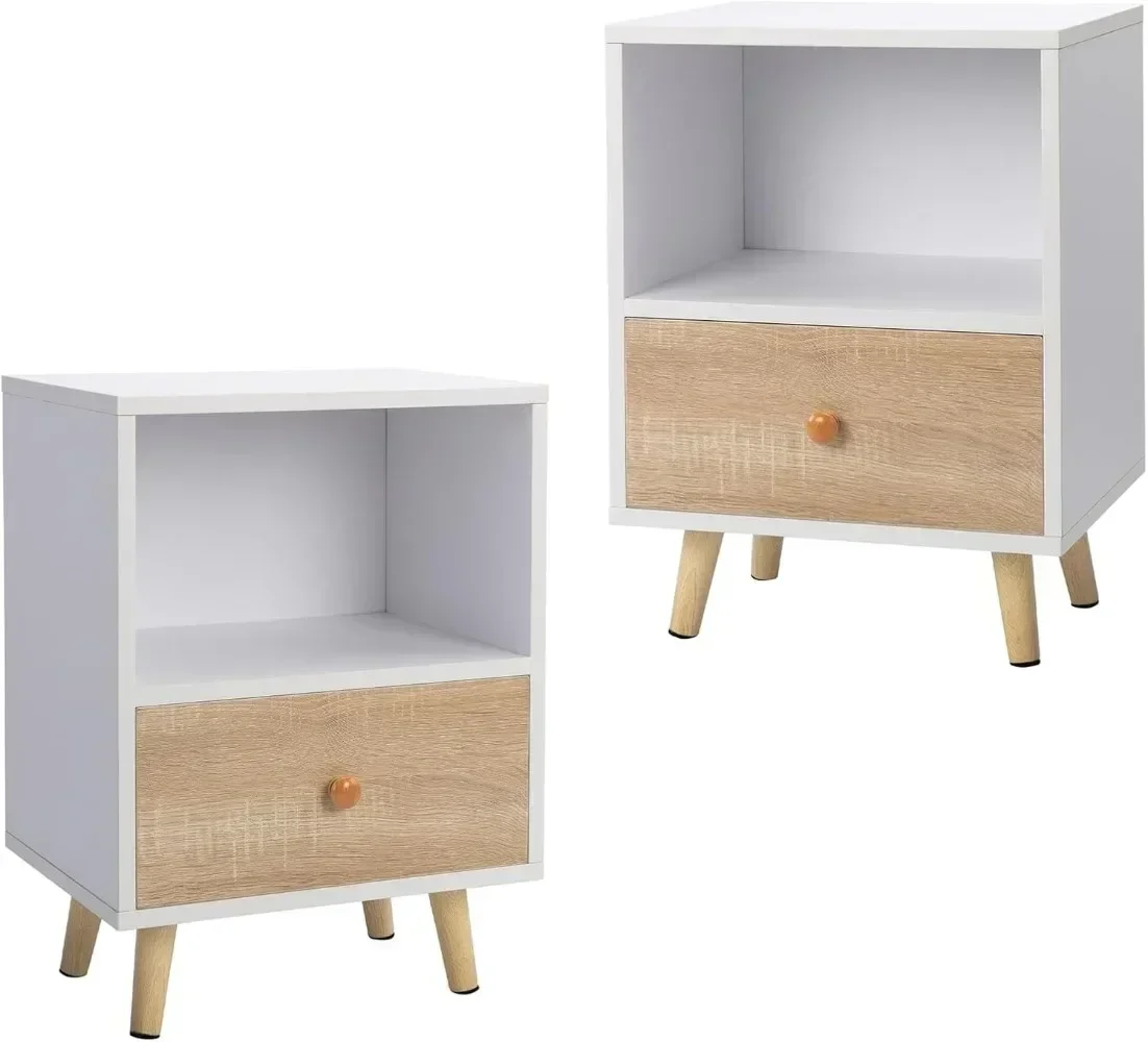 2 of Bedside Cupboard with 1 Drawer and Short Legs, End Table with Storing Shelf, Indoors