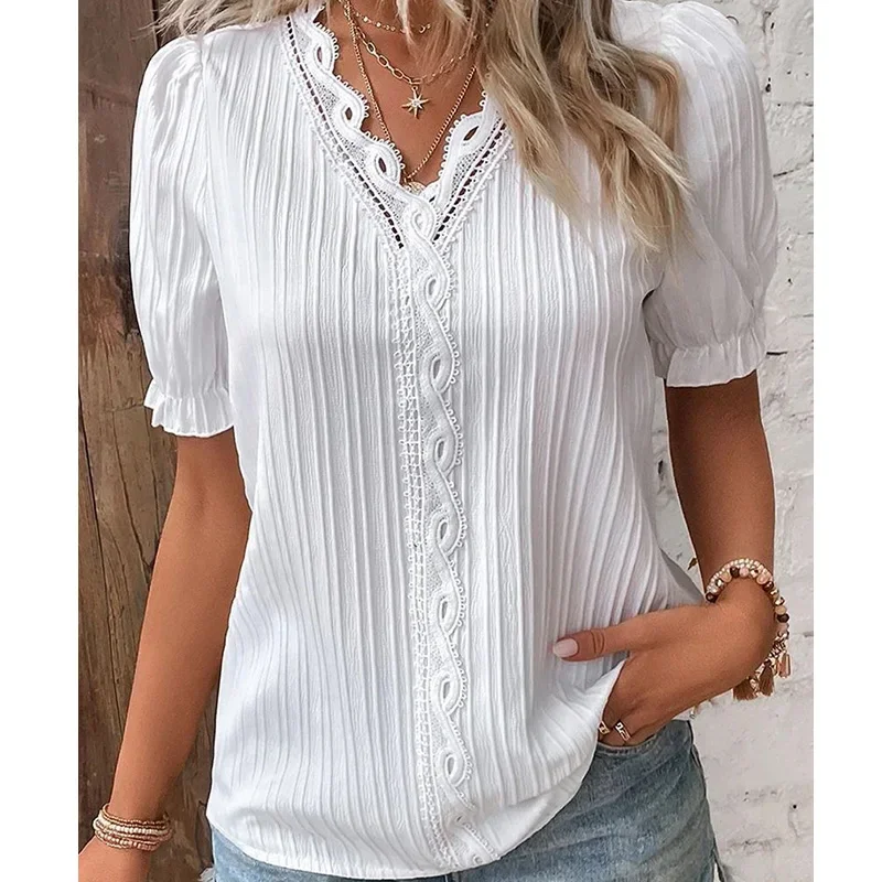 

Lace Patchwork Solid Color Short Sleeves V_neck T-shirt Summer Casual Commuting Loose Pit Striped Tops Fashion Clothes for Women