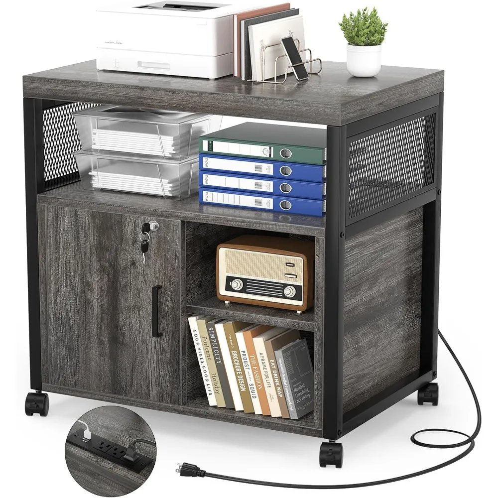 

Rolling File Cabinet Lateral Office Filing Cabinets with Socket and USB Charging Port, Modern Printer Stand on Wheels Printer C