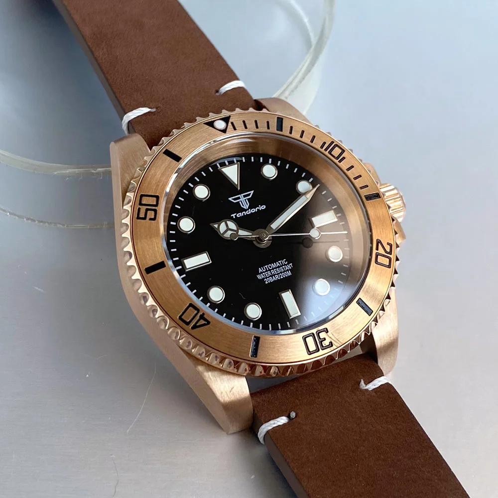 Reloj Mecánico de buceo de bronce Real CUSN8 de 40mm, reloj de pulsera Sunburst para hombre NH35AA PT5000, correa de cuero Vintage, reloj resistente al agua de 20mm