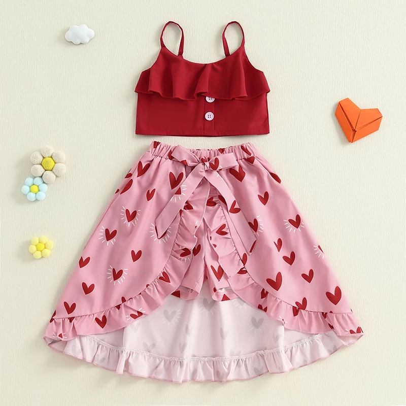 Kids Girl 2 Piece Outfit Sleeveless Camisole and Heart Print High Low Ruffles Skort Set for Toddler Girls Summer Clothes