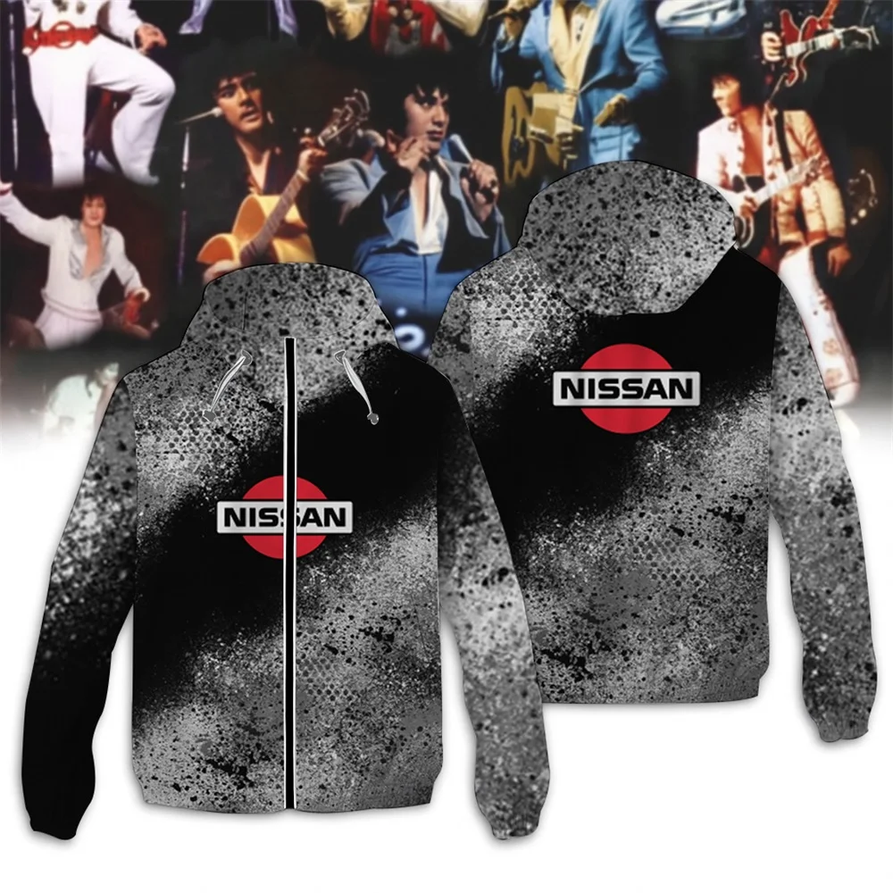 2025 New Nissan Theme Zipper Hooded Jacket, High Quality 3D Nissan Logo Printed Fashion Jacket with Black and Gray Splicing