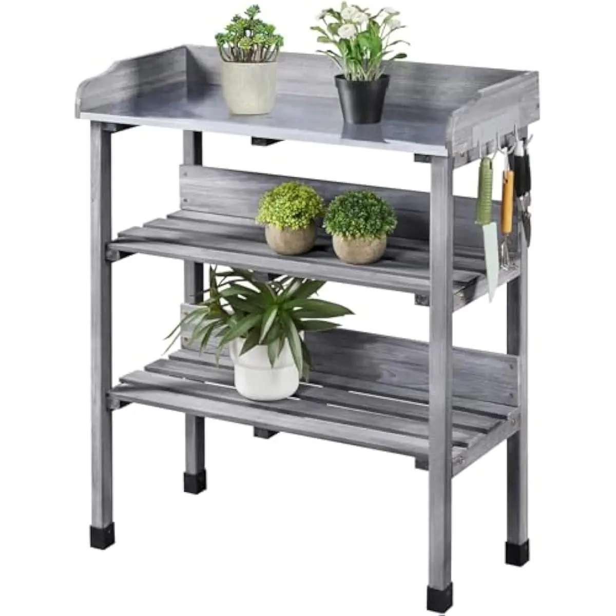 Outdoor Potting Station with Triple-Tier Fir Wood Shelving Gray Finish Rust-Resistant Metal Worktop Weatherproof Garden Tool Org