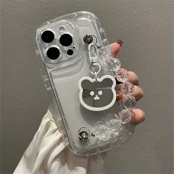 Funda transparente con colgante de oso Whtie, brazalete de cuentas de rombos para IPhone 15, 14, 12, 11, 13 Pro Max, X, XS, XR, cubierta protectora a prueba de golpes