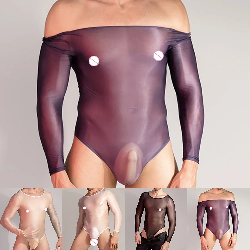 Мужское сексуальное масляное глянцевое прозрачное боди, эротическое белье, эластичные стринги, трико, комбинезон с длинными рукавами, соблазнительная одежда