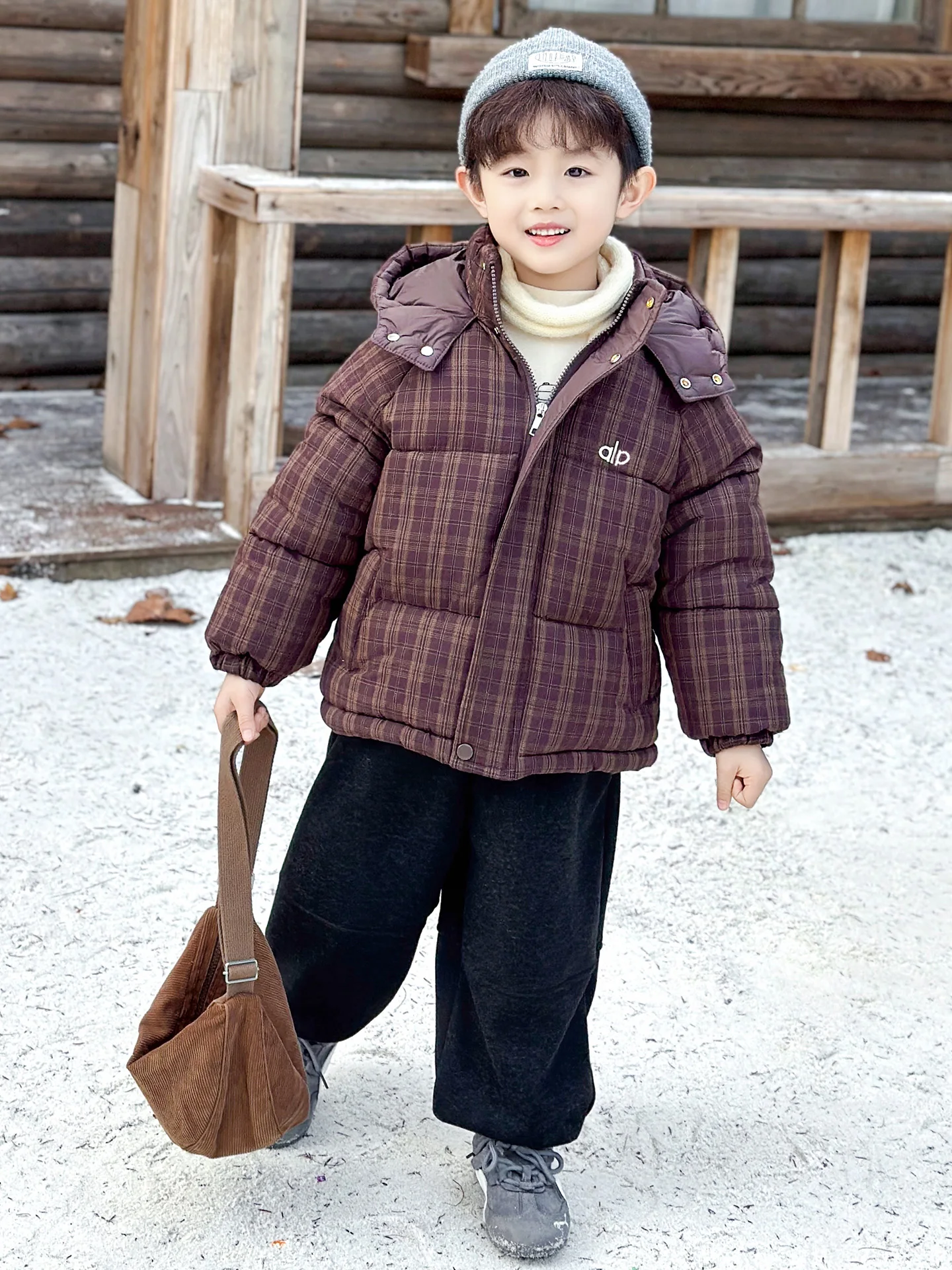 

Thiened Flannel Boys Winter Jaet with Hood Warm And Sli Plaid Cotton Coat for Little Boys Youthful Trendy Loose Fit