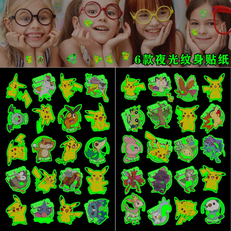 

Pikachu Pokemon Glow-in-the-dark Tattoo Sticker Pokémon Glow Children's Cartoon Sticker Kindergarten Reward Sticker Toy