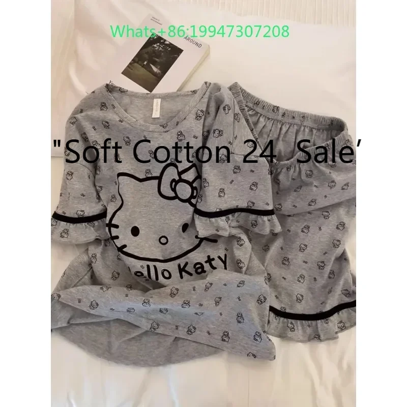 

Summer new gray round neck pure cotton cartoon Hello Kitty pajamas women's short sleeves shorts loungewear two-piece set
